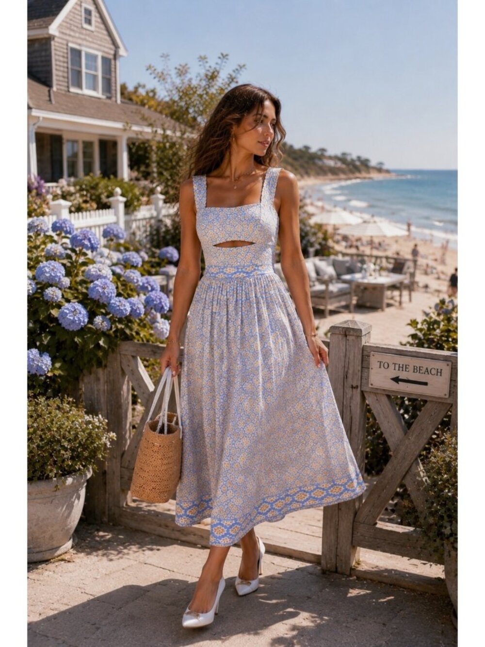 Sancia Setrella Linen Midi Dress Freja Tile Blue Cream Small New With Tags